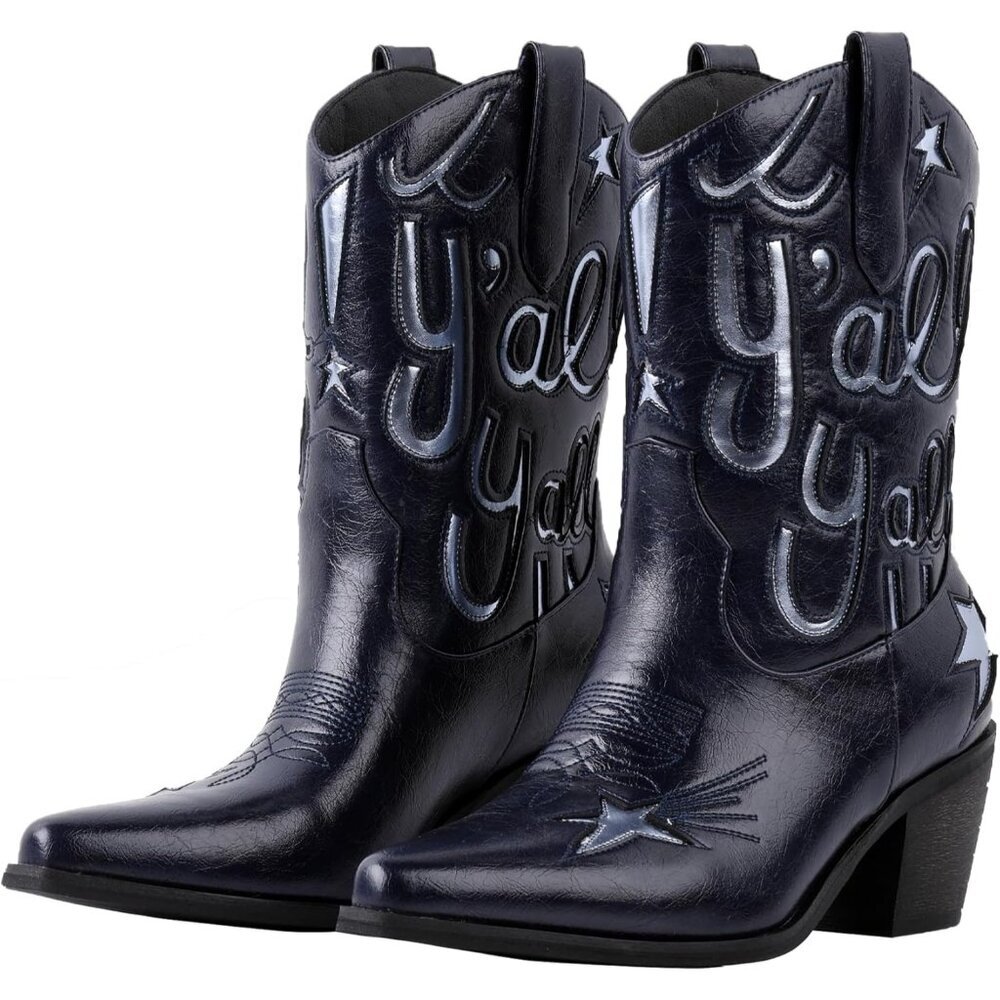 Women's Navy Blue Rhinestone Cowgirl Boot with Low Block Heel Embroidery Sparkly